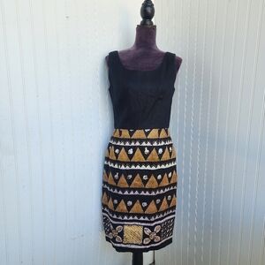 Richie Freeman For Teri Jon Black Tan Beige 100% Linen Sleveless Aztec Dress 6